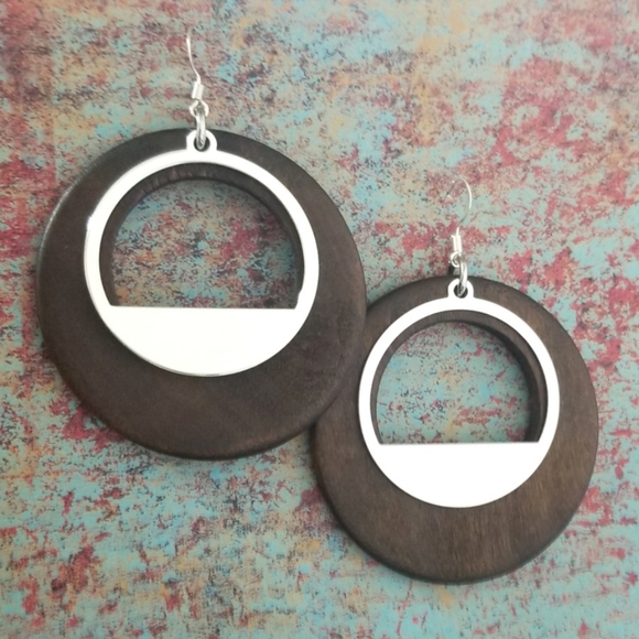 Wood and Silver Open Ring Earrings - Picture 4 of 5